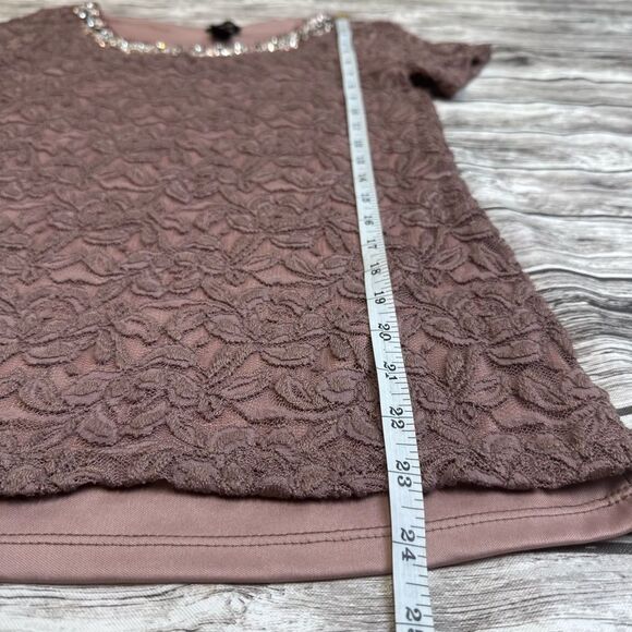 la vanya Women's Lace Overlay Jeweled Neck Tee T Shirt S SM Small Purple Stretch - Picture 9 of 12